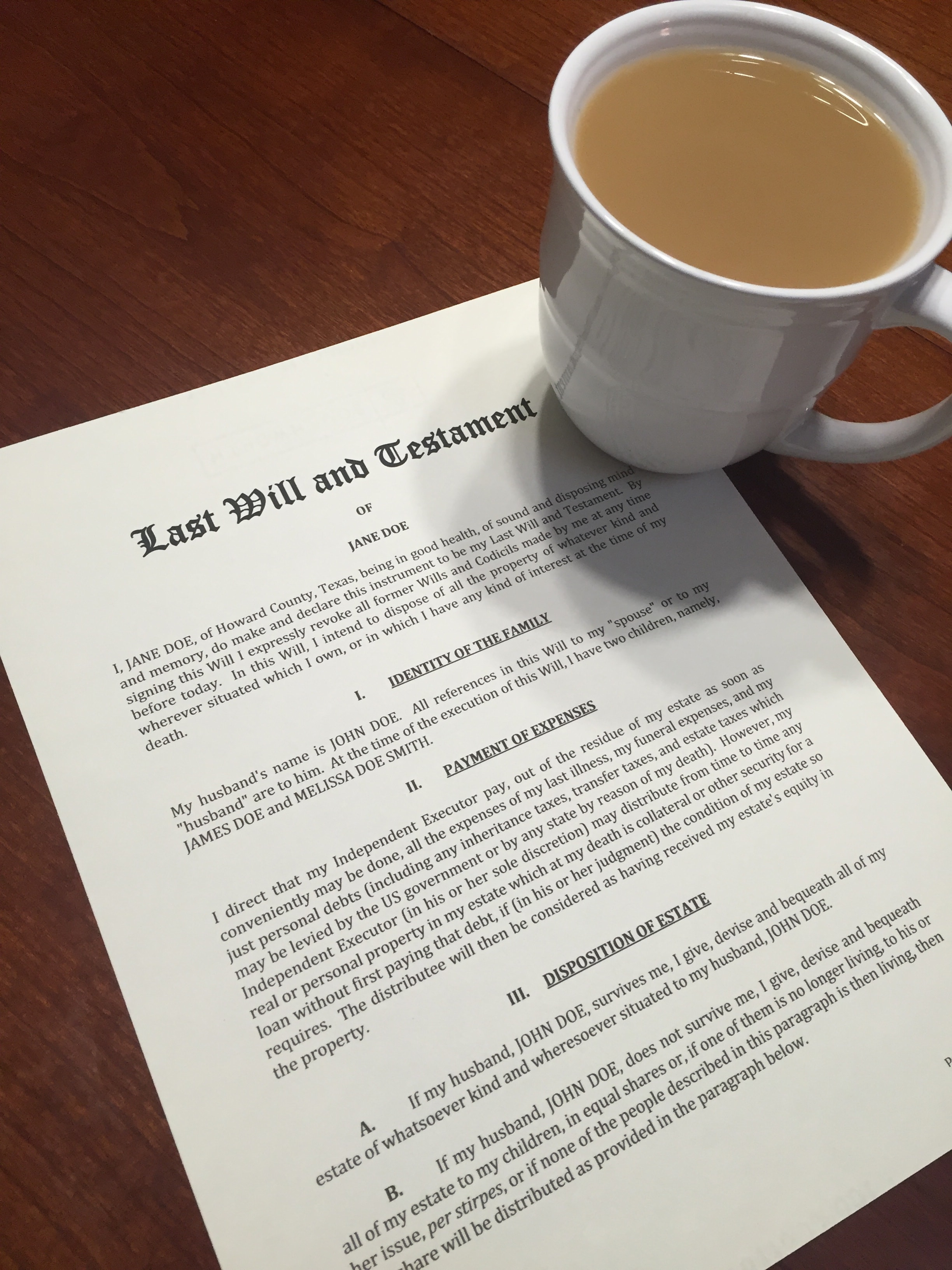 Estate planning documents on a desk